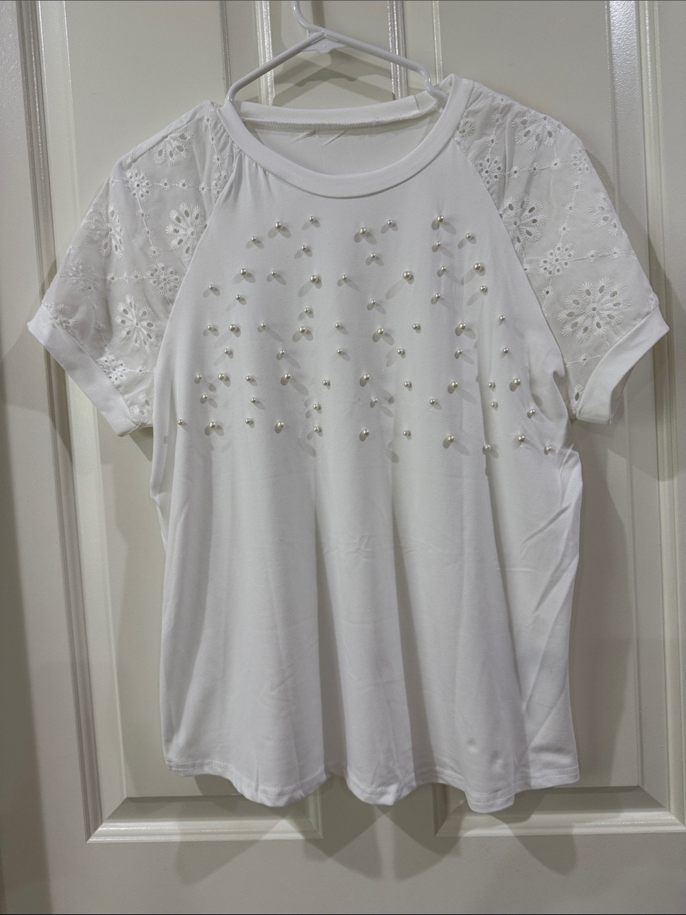 Women’s White Embellished Eyelet Sleeve T-shirt